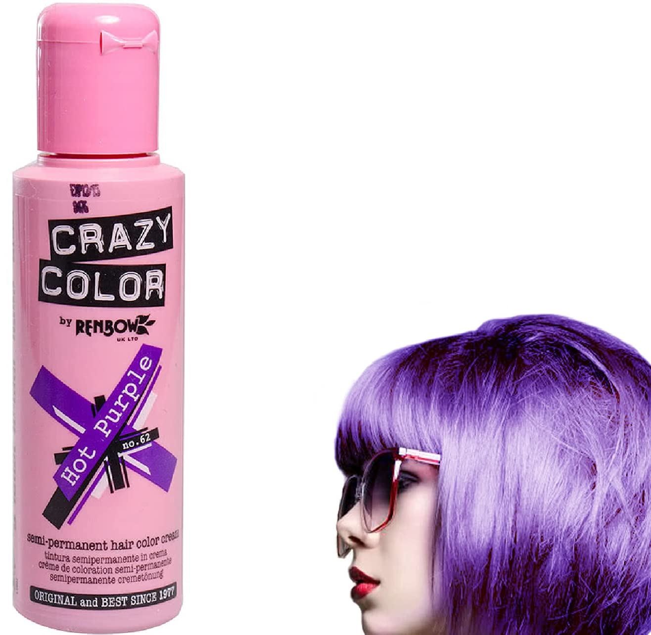 Crazy Color Semi-Permanent Hair Colour 62 Hot Purple 100ml (Pack of 4)