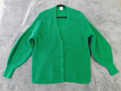 Cabi Sweater Womens Large Cardigan Green Open V Neck Balloon Sleeve Chunky Knit