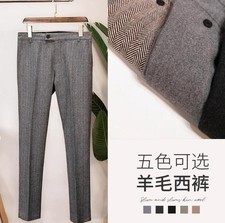 Mens Retro Herringbone Wool Tweed Trousers British Warm Straight Pants