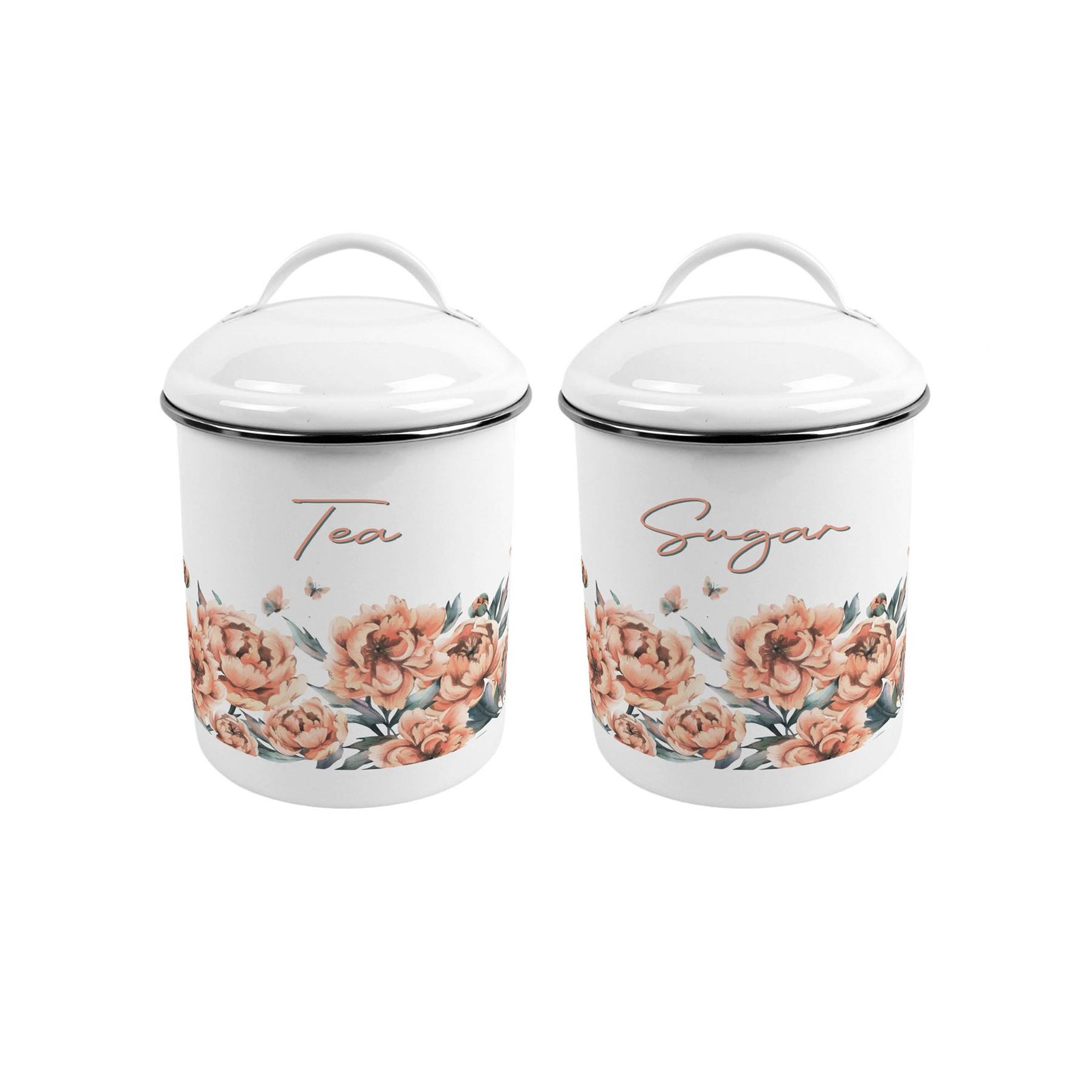 Peach Peonies Metal Tea & Sugar Canister Set - Stylish Kitchen Caddy Gift
