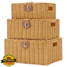 Homepeaz Wicker Storage Baskets with Lids, Set of 3 Decorative Storage Boxes ...