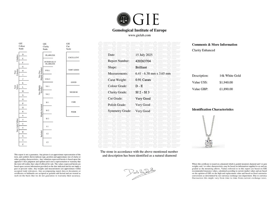 Colgante de diamantes SI2/D de corte redondo de 0,91 quilates de oro blanco de 14 quilates Foto 3 de 4
