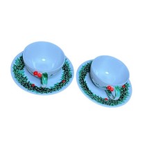Vintage LEFTON Holly Berry Cups & Saucer Set ? Set of 2 Embossed Christmas Teacu