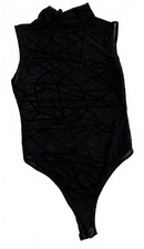 Black Sleeveless Mesh Bodysuit with Geometric Pattern - Size Small
