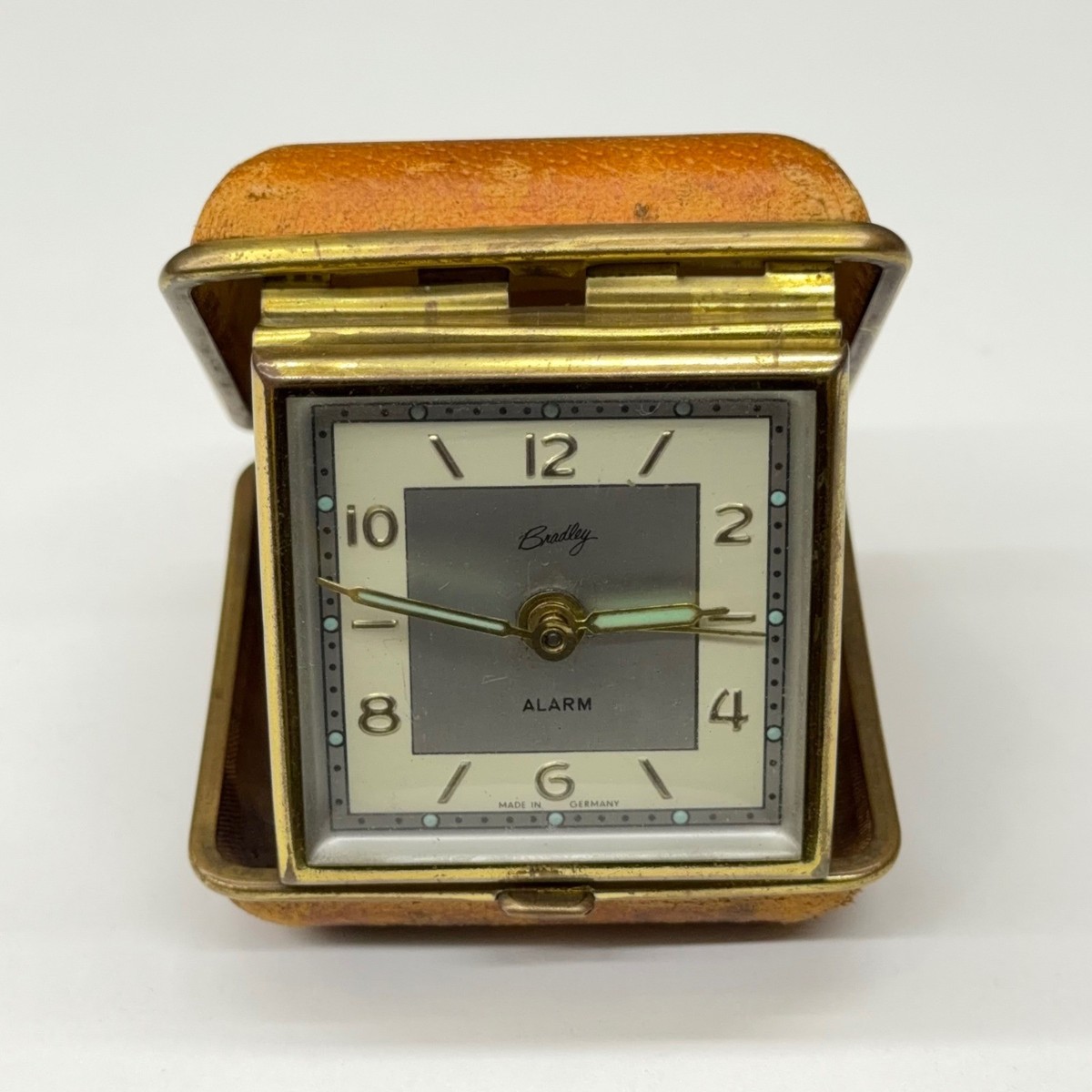 Vintage Bradley Travel Alarm Clock Leather Case Made in Germany