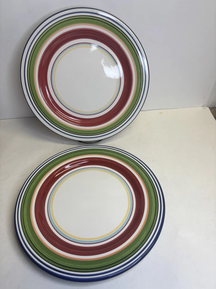 Pottery Barn Espadrille Stripe Dinner Plates (Set of 4) Hand Painted 12 1/2" XL - Image 3 of 4