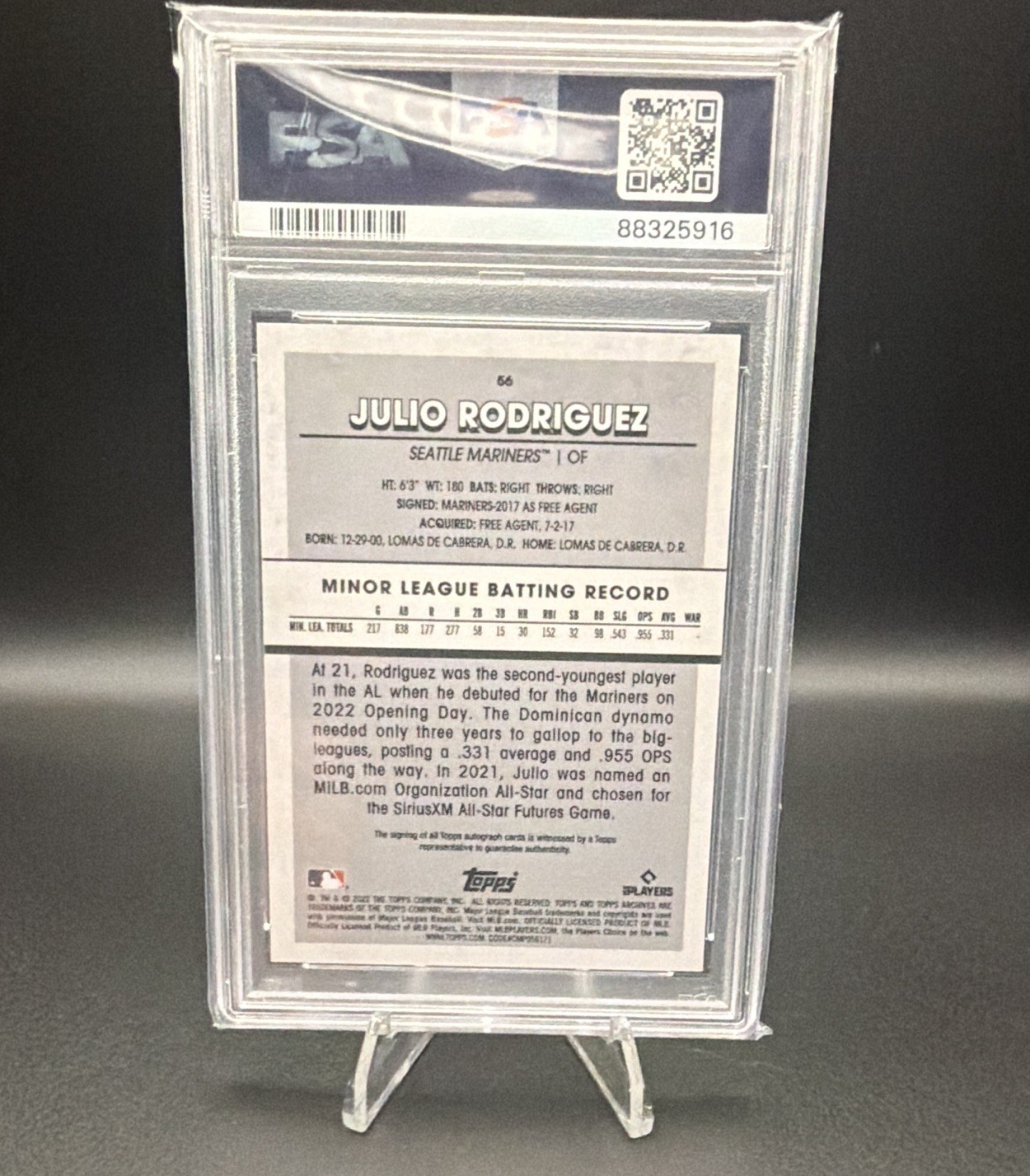 Topps Archives Snapshots 2022 Julio Rodriguez #56 RC Auto PSA 10 view 2