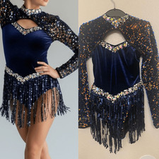 Glamour solo dance costume navy blue ice-skating dress embellished SA NEW