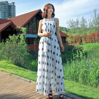 Women Chiffon Polka Dot Dress Sleeveless Halter Maxi Beach Party