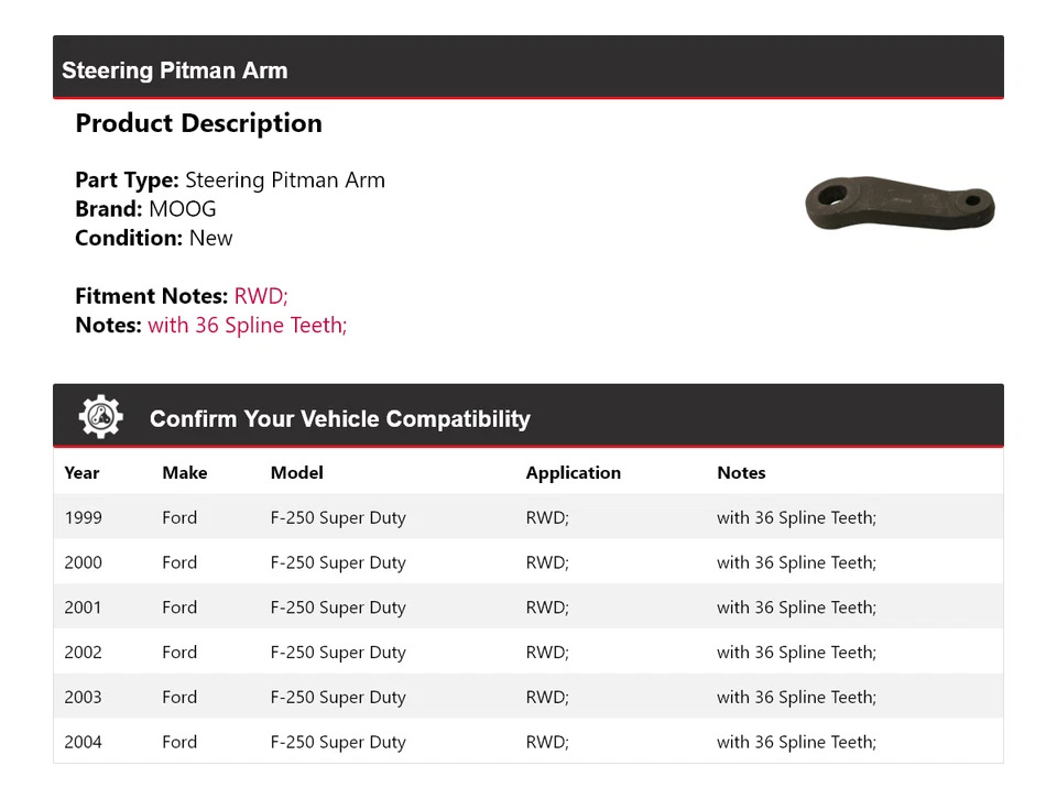 Brazo de dirección Pitman MOOG 1999 2000 2001 para Ford F-250 Super Duty 1999-2004 tracción trasera Foto 2 de 4