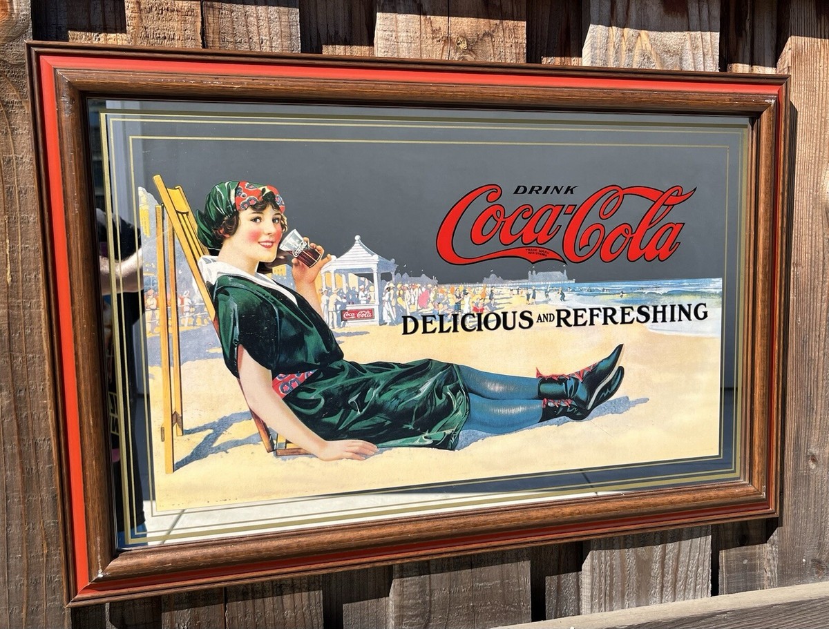 Vintage Coca Cola Girl On Beach Wood Framed Pub Bar Mancave Mirror