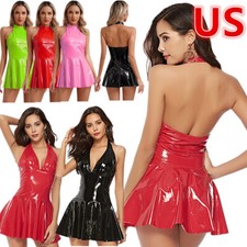 US Women's Leather  A-Line Dress Halter Sleeveless Night Club Party Mini Dresses