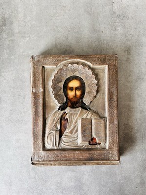 Antique Russian Orthodox Christ Pantocrator Icon with Brass Oklad, Circa 1800s