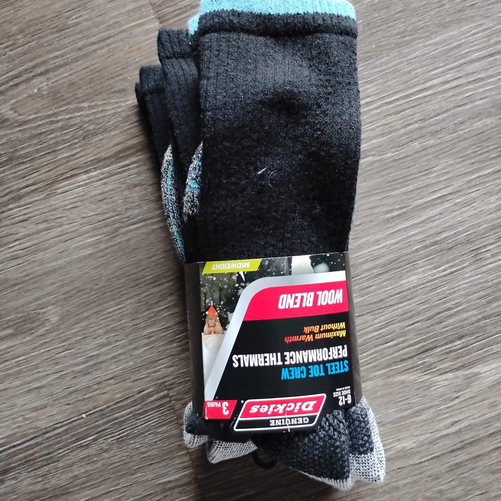 NEW Dickies 3pr BLACK/LT BLUE Wool Blend Midweight Thermal Crew Socks Size 6-12