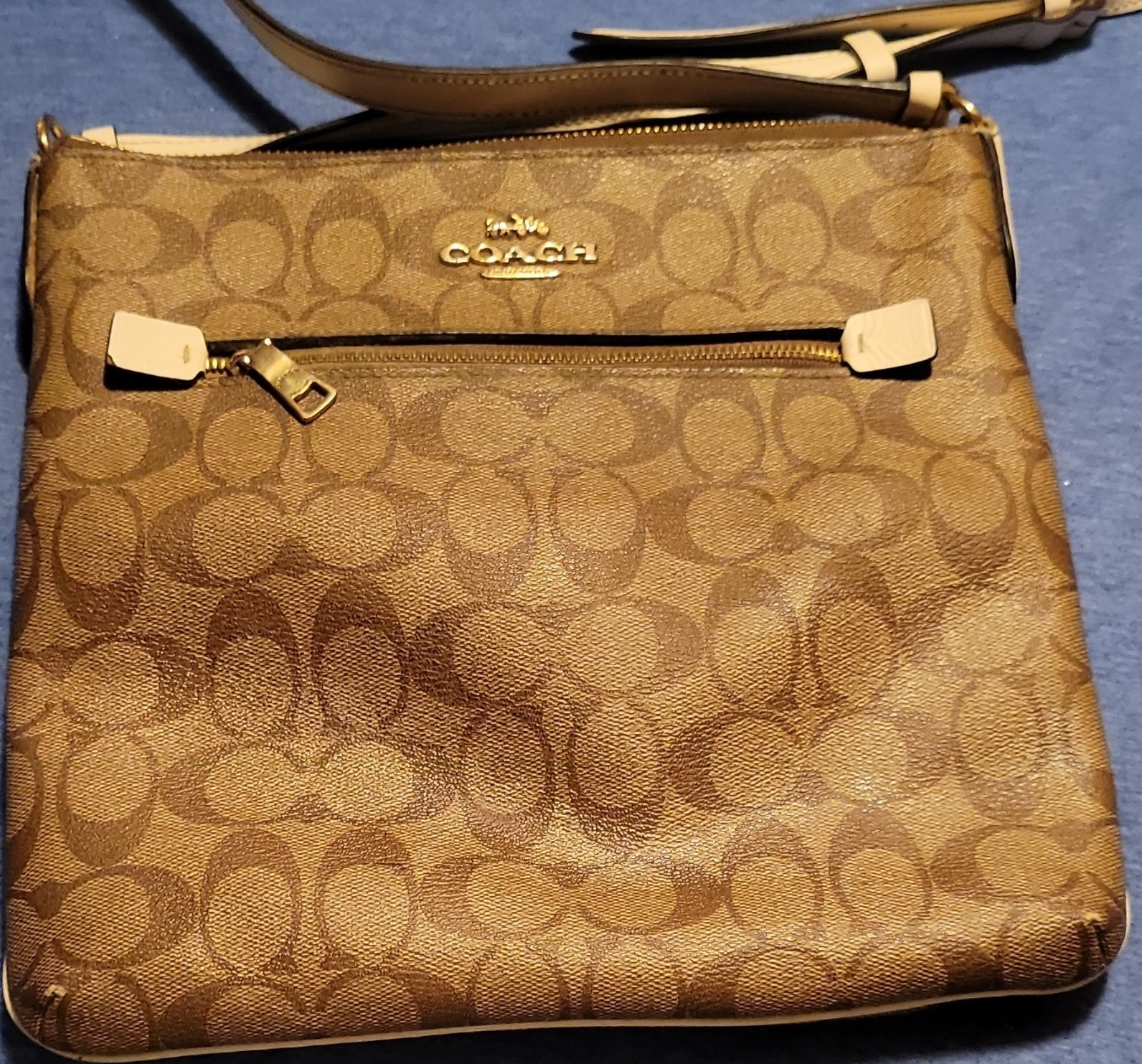 Coach Signature Logo Brown Crossbody Bag Zip Outer Pockets