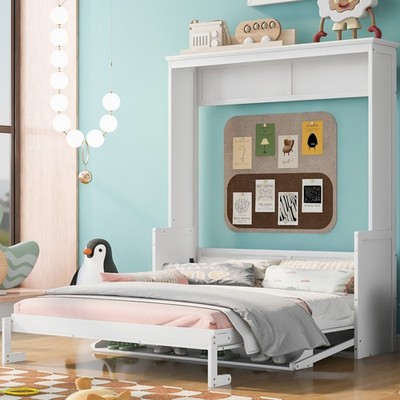 Queen Size Murphy Bed with Desk/Shelf, Wall Bed Cabinet, Pine Wood+MDF, White
