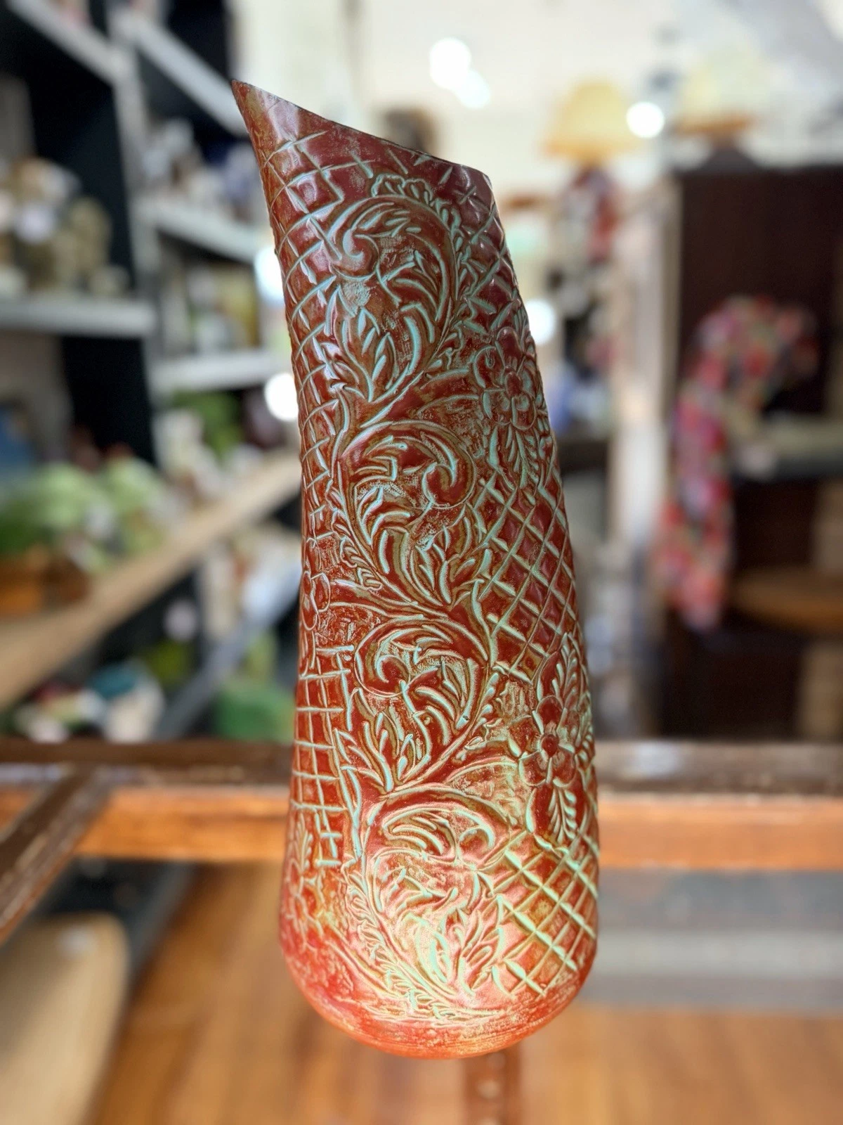 Vintage Red Embossed Metal Vase Tall Floral Scroll Asian Style 15.5”