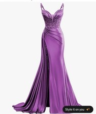 Spaghetti Strap Satin Lace Appliques Mermaid Formal Party Dress with Slit Sz 6