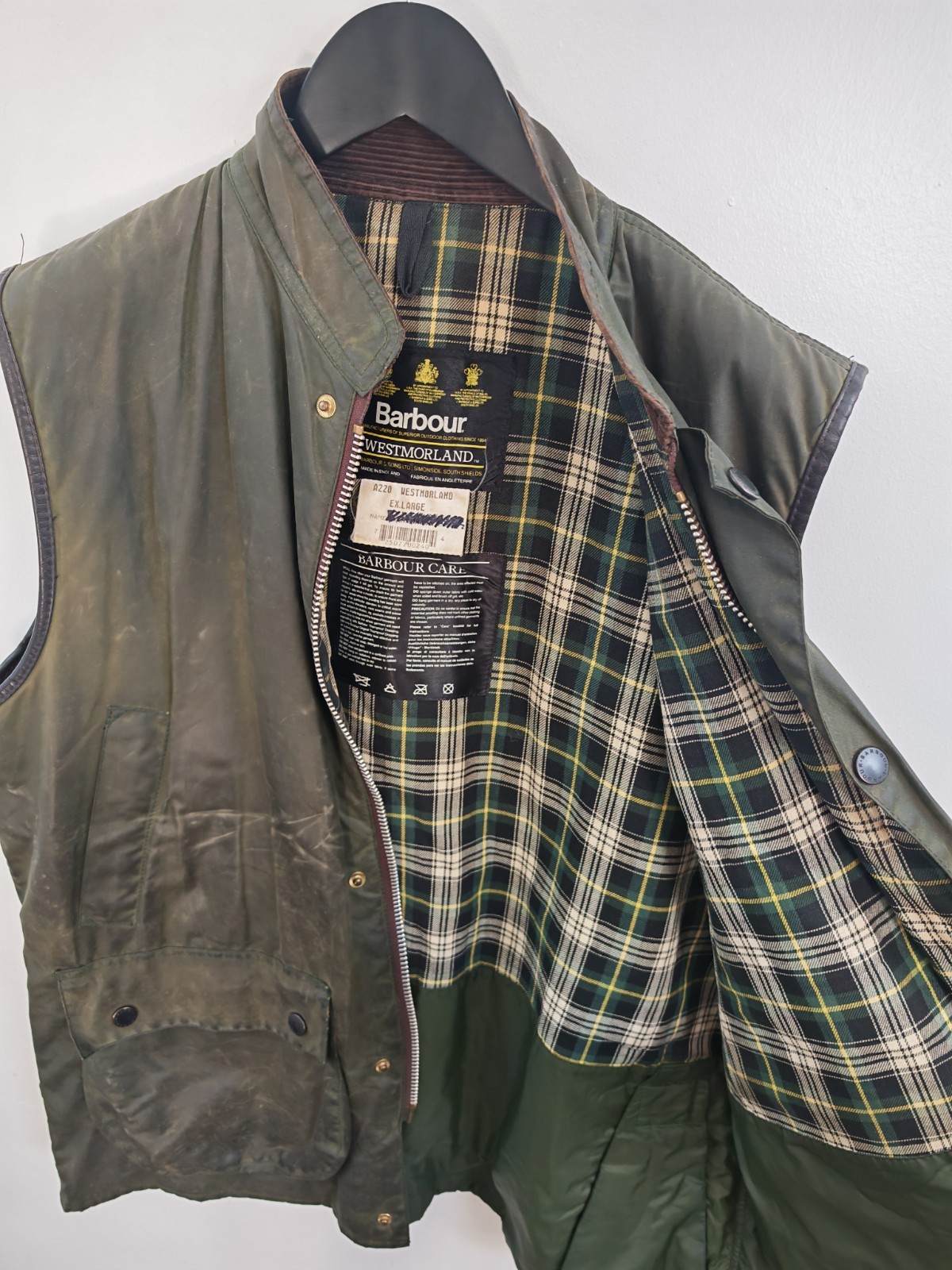 Vintage 1994 Men's Barbour Westmorland Waxed Cotton Gilet Olive Extra Large image 7