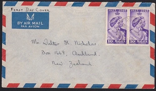 MALAYA PENANG 1948 Silver Wedding 10c on FDC AYER ITAM cds to New Zealand..D6621