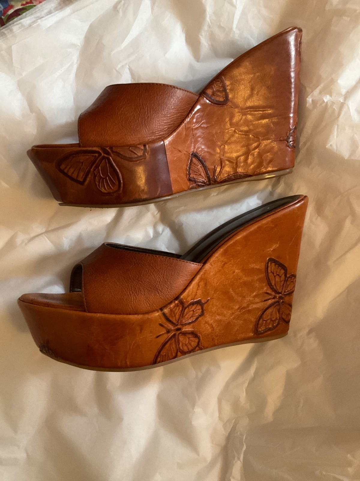 Schultz Butterfly Pattern Tooled Leather Platform… - image 3
