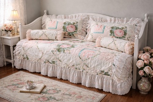 Vintage Floral Quilt Ruffle Cottagecore Shabby Chic Pink Green USA 57x90