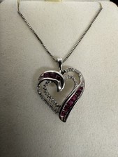 Pink Heart Ruby Stone Sterling Silver 925 Double Interlocking Heart Pendant