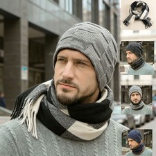 3Pcs 3 in 1 Men's Knit Beanie Hat Fleece Lined Winter Scarf Mask Set with Scarf