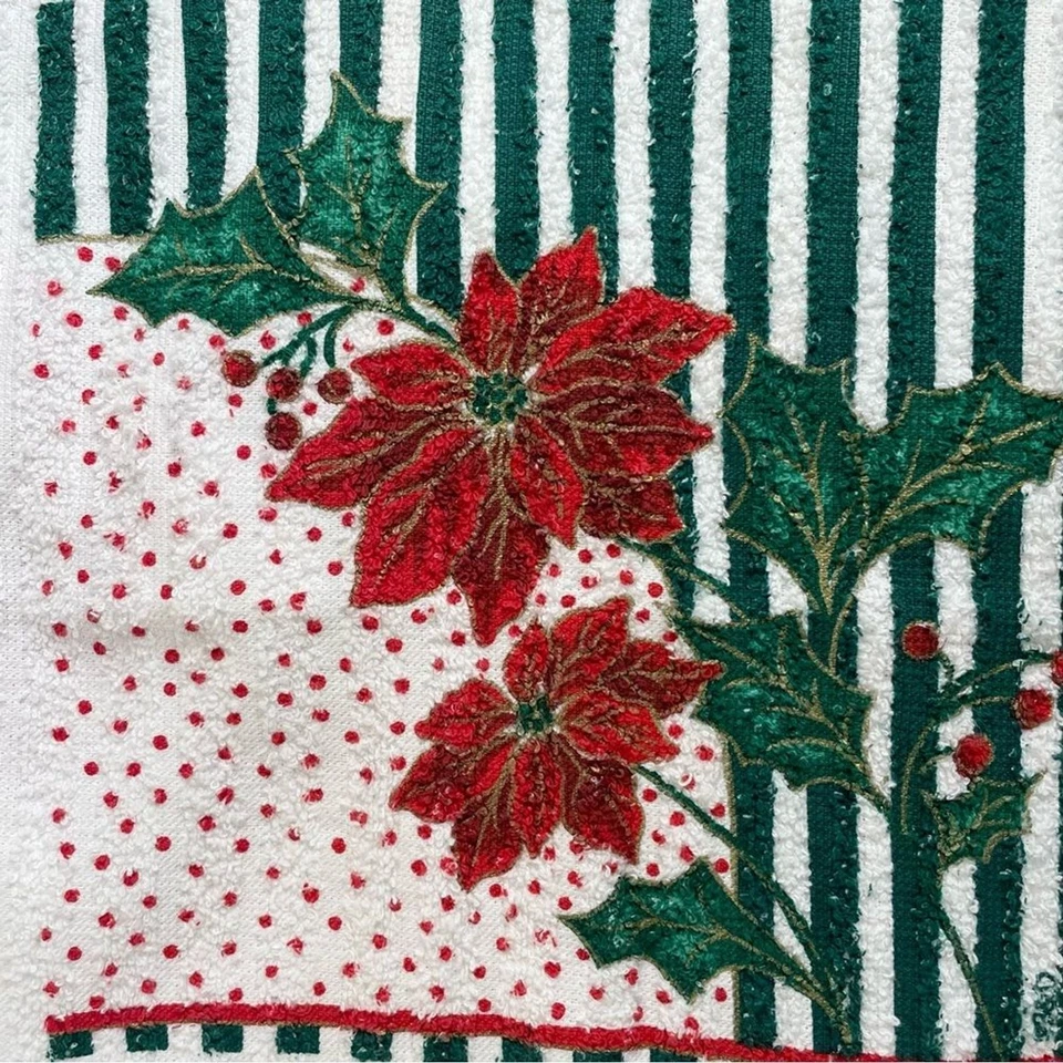 Hand Towels Set of Two Christmas Holiday Cat Santa Hat Poinsettia Holly Cotton - Image 3 of 4