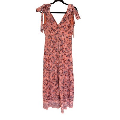 Cleobella Orange Floral Woodblock Print Tie Shoulder Button Front Midi Dress S