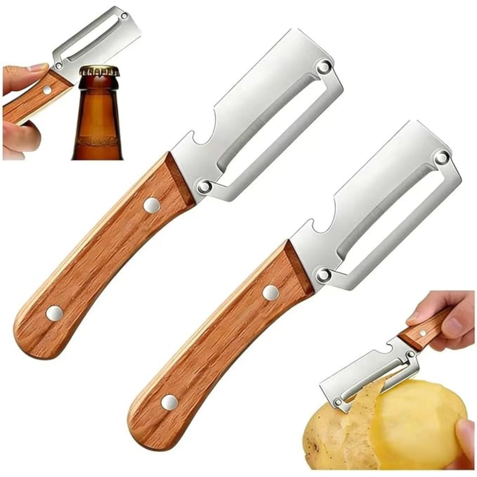 2PCS 2-in-1 Vegetable Peeler Bottle Opener Stainless Steel Wooden Handle Kitchen