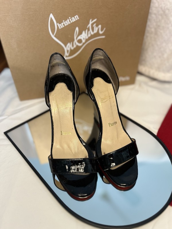 Christian Louboutin Altadama 140 Black Patent Leather Peep Toe Platform Heels