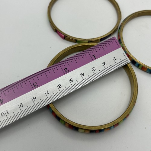Vintage Brass Bangles Colourful Stripe Hand Dyed Trio Boho Hippy - Picture 11 of 21