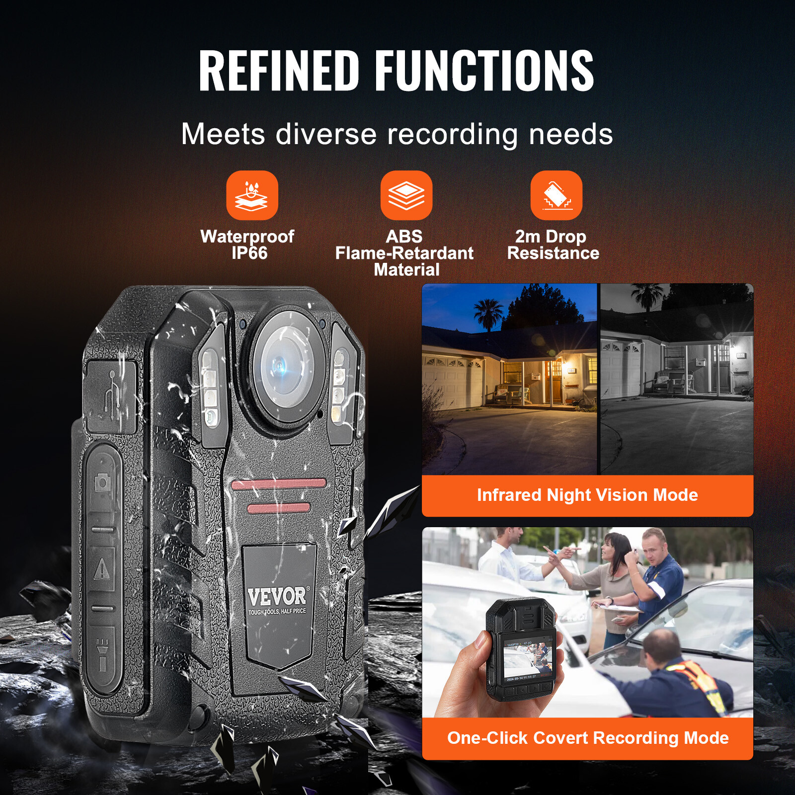 VEVOR 1440P Police Body Camera 64G Body Cam with 2850 mAh Battery Night
