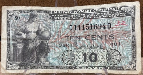 1948-51 US MPC 10 Cents Military Payment Certificate Series 481 Plate 50