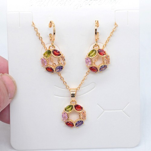 18K Yellow Gold Filled Women Multicolour Topaz Round Circle Jewelry Set - Picture 3 of 4