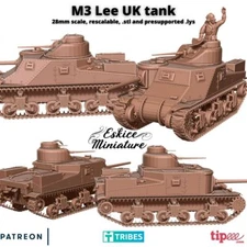 Eskice Miniatures WW2 UK British M3 Lee Tank Bolt Action WWII 15mm 20mm 28mm 3D