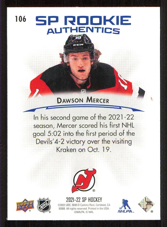 2021-22 SP Blue #106 Dawson Mercer - Image 2 of 2