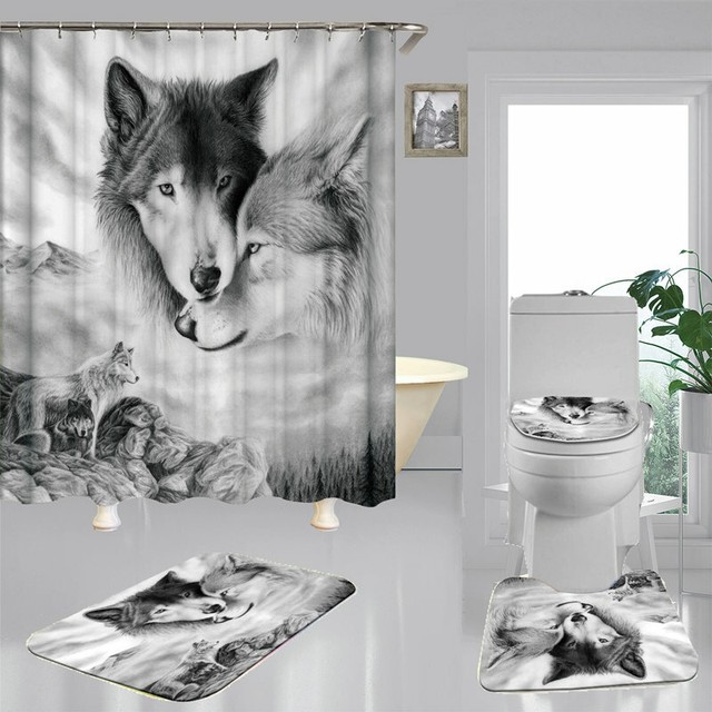 Gray Wolf Art Print Bath Mat Toilet Cover Rugs Shower Curtain Bathroom