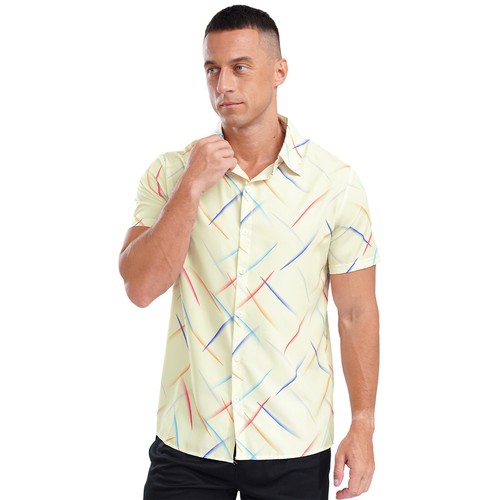 Mens Colorful Striped Casual Short Sleeve Button Down Vacation Holiday Tops - Picture 31 of 77