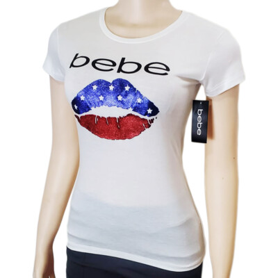 NWT BEBE AUTHENTIC JULY 4TH WOMENS WHITE CREW NECK SHORT SLEEVE T-SHIRT S M L XL