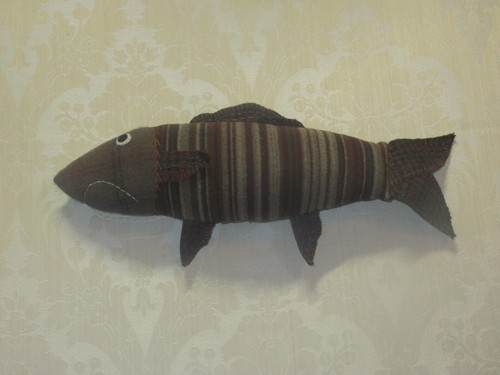 Handmade Recycled Large Striped Brown Wool Plush Rustic Mountain Fish - Picture 2 of 3