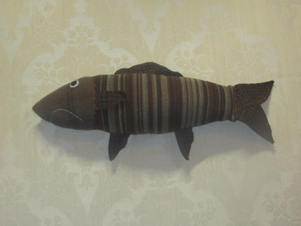 Handmade Recycled Large Striped Brown Wool Plush Rustic Mountain Fish - Image 2 of 3