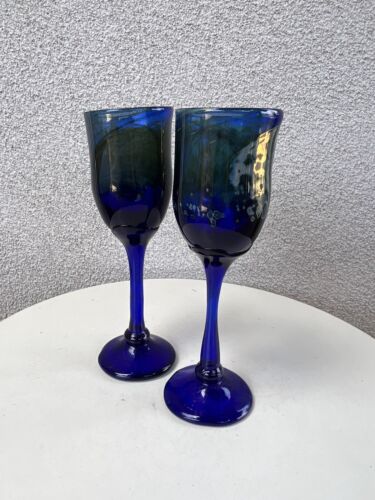 Vtg Goblets set 2 blue wine chalice glasses signed 1982 Art Glass - Picture 2 of 10