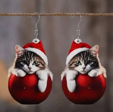 Tabby Cat earrings Christmas Acrylic Flat 2D fashion jewelry NEW Free Ship