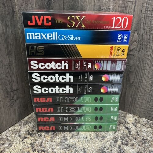 Mixed Lot Of 10 Blank VHS Tapes T-120 Kodak Maxwell JVC Scotch RCA Nee & Sealed
