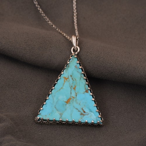 Trillion Shape Turquoise Huge Pendent Necklace 925 Sterling Silver Jewelry Gift - Picture 6 of 12