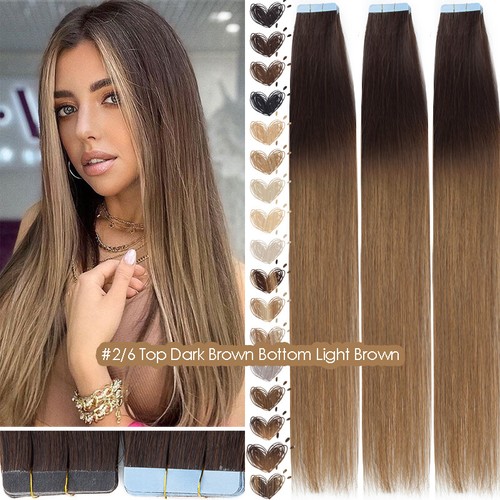 Thick 200G Tape in Virgin Human Hair Extensions Invisible Skin Weft Highlight - Picture 52 of 71