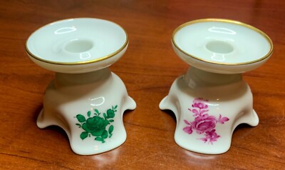 Augarten Wien Porcelain Small Candle Holders Green Roses Austria  (Pair)