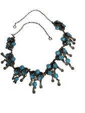 Art of Fligree Enamel Necklace 950 Silver With Blue Floral Drop Design (N1162)